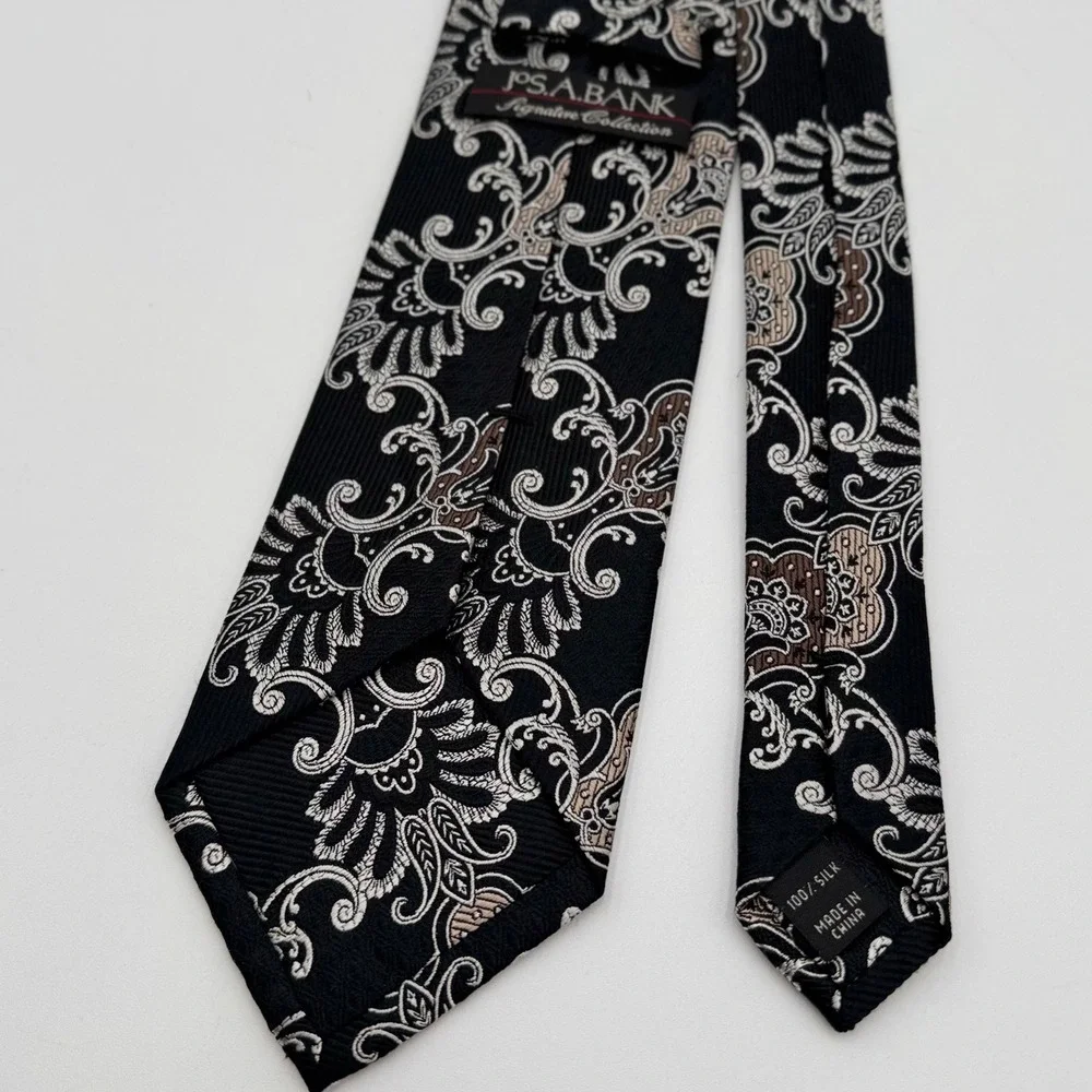 Jos. A. Bank Signature Collection‎ Silk Necktie Paisley Floral Mens Black Silver